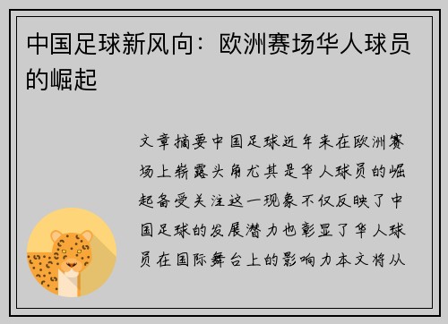 中国足球新风向：欧洲赛场华人球员的崛起
