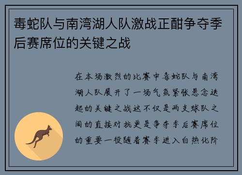 毒蛇队与南湾湖人队激战正酣争夺季后赛席位的关键之战
